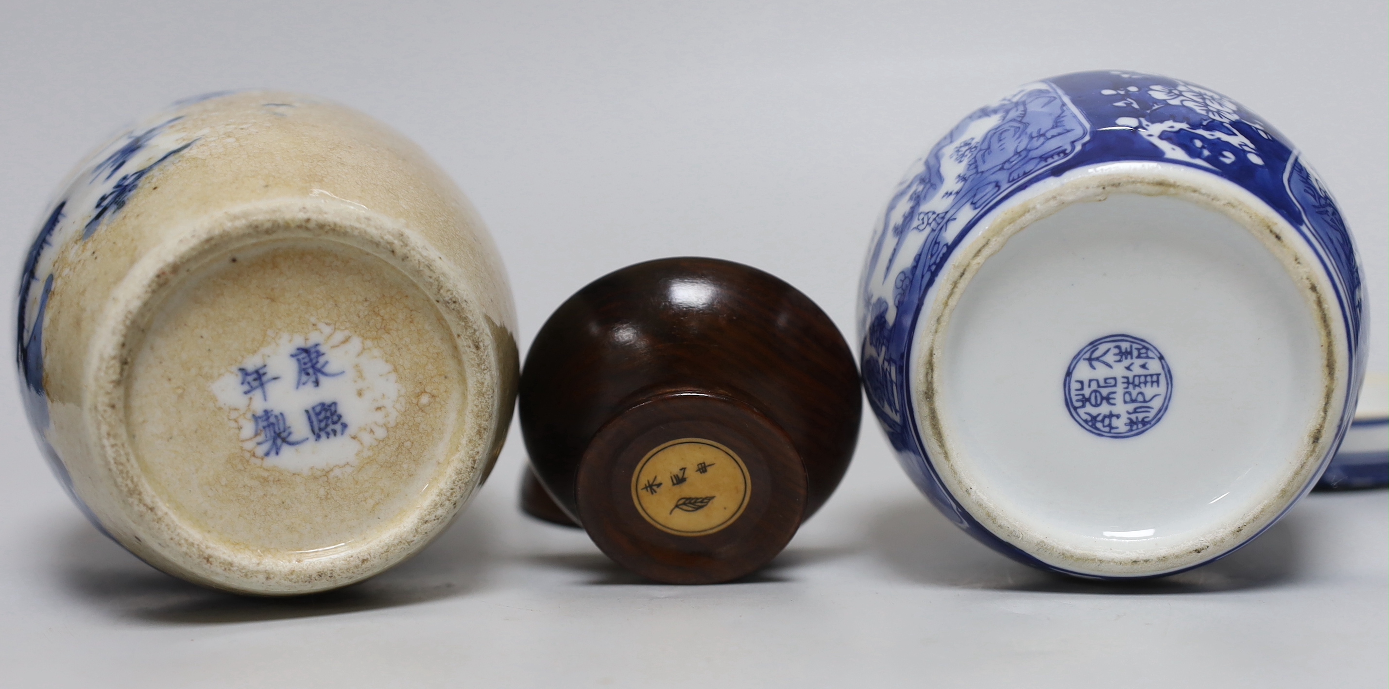 A Chinese ginger jar, another with cover and an ornamental bone and wooden travelling compass, tallest 14cm high